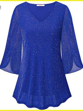 Ruffle 3/4 Sleeve V-Neck Mesh Tunic Blouse Loose Fit Flowy Boho Chic